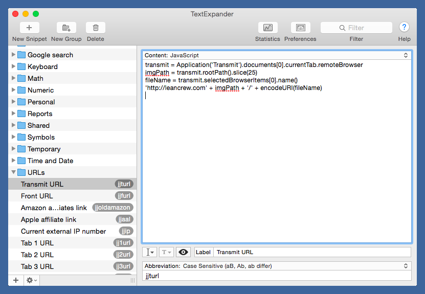 TextExpander snippet for selected Transmit item