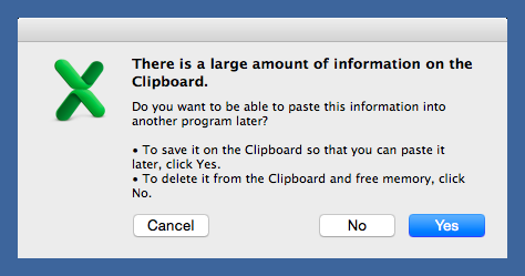 Excel clipboard warning