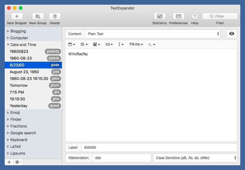 TextExpander date and time snippets