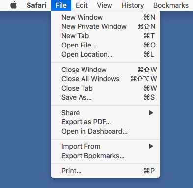 Altered Safari File menu