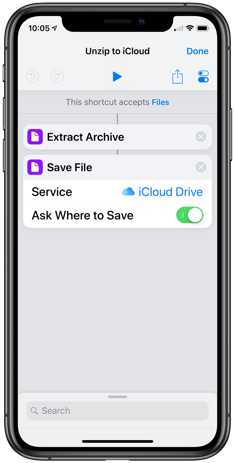 Unzip to iCloud shortcut