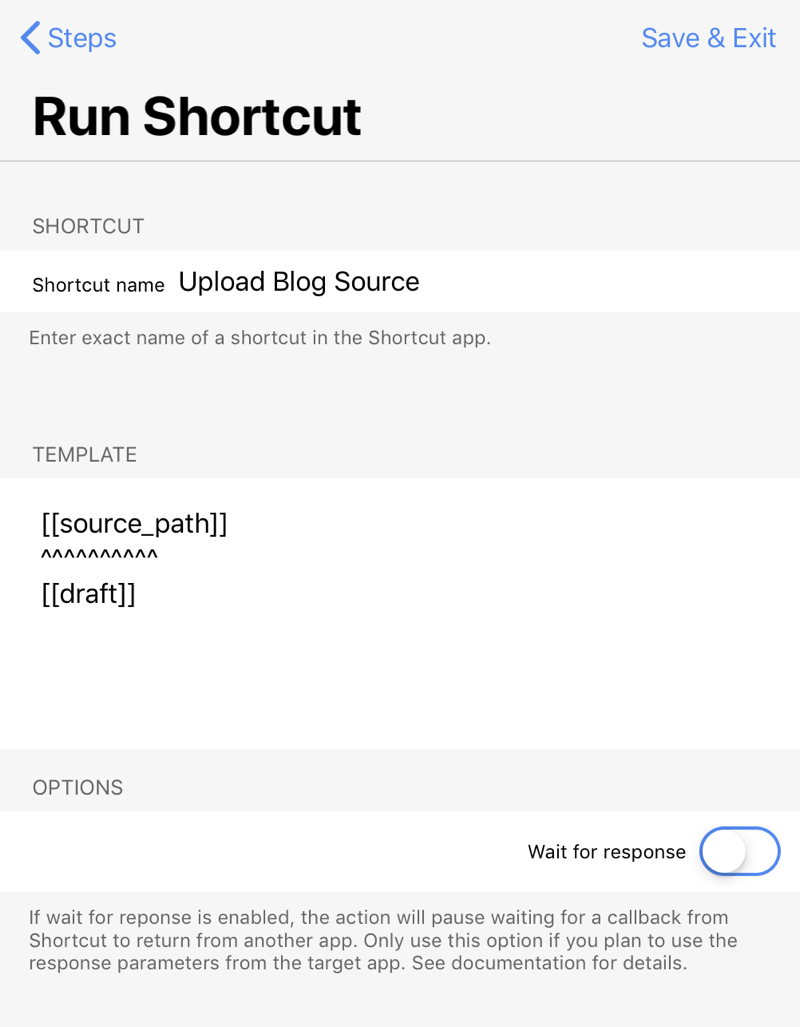 Run Shortcut step for uploading to server