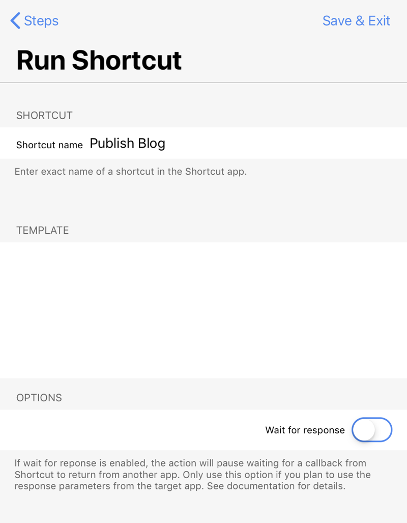 Run Shortcut step from Publish action