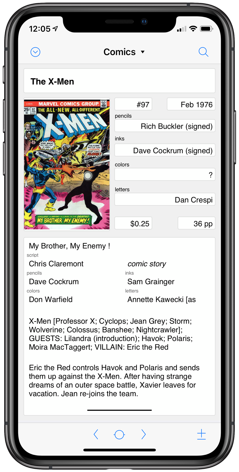 Screenshot of comic book database entry