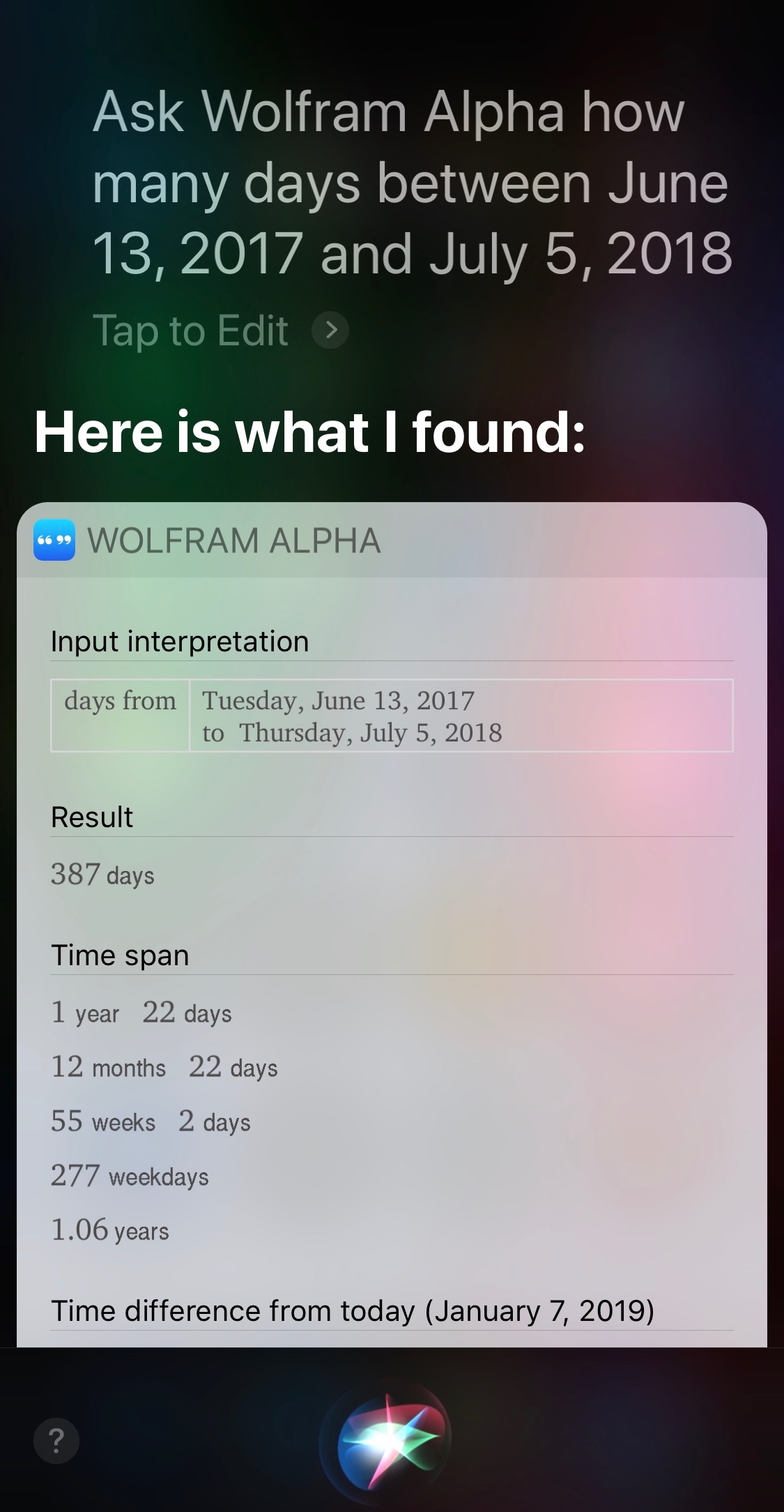 Siri and Alpha days between two given dates