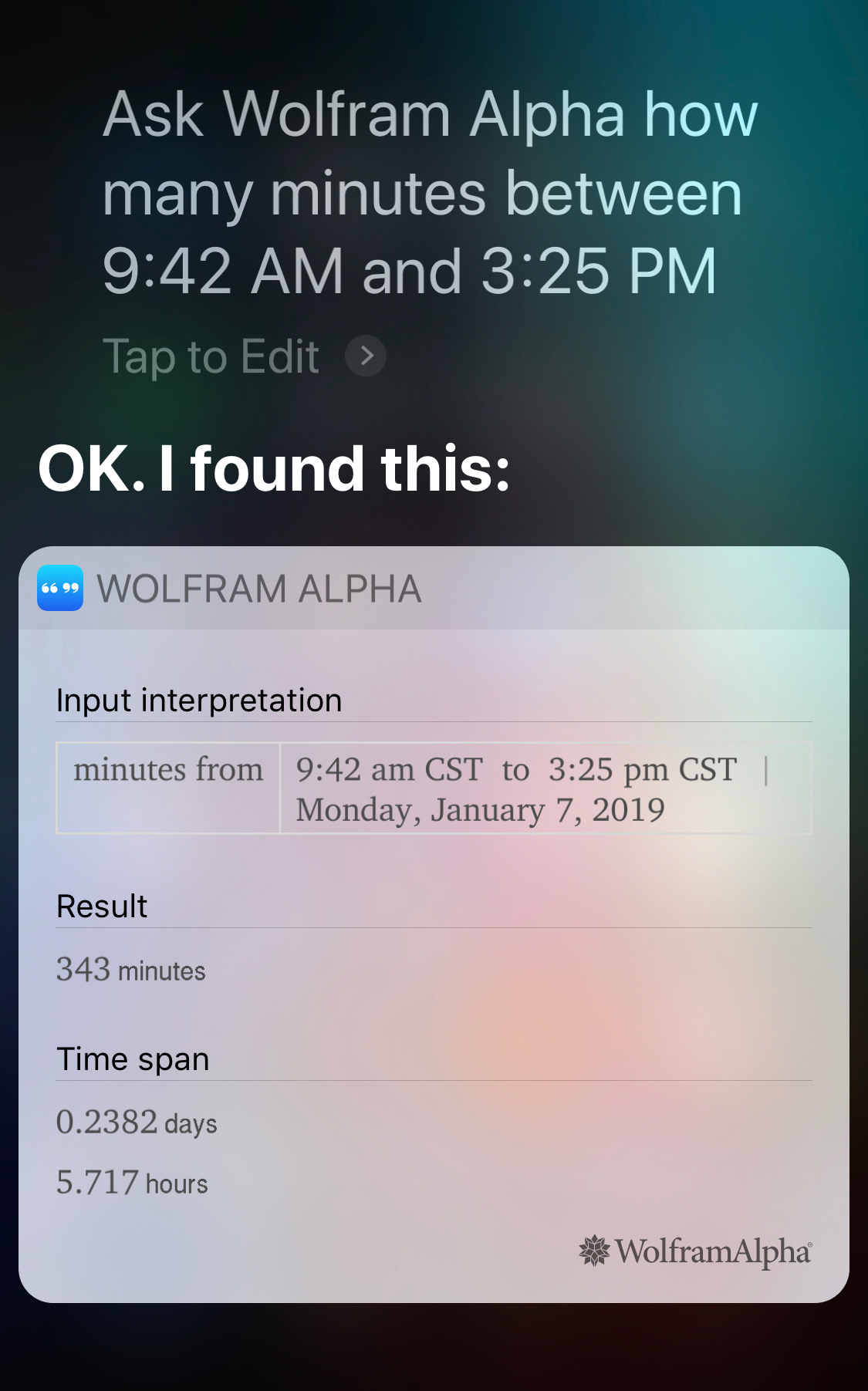 Siri and Alpha minutes between two given times