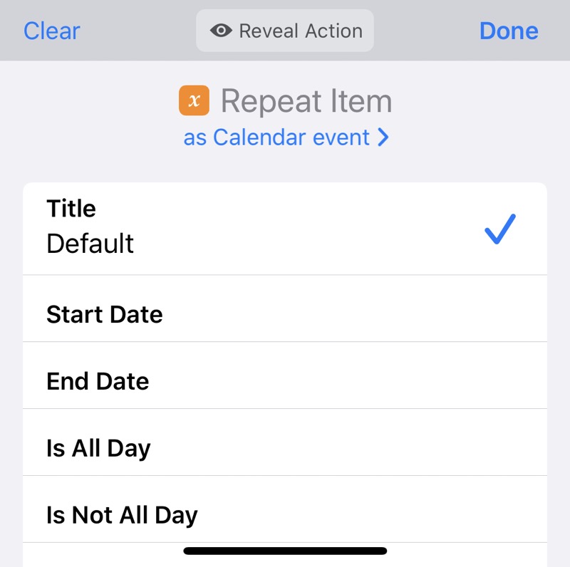 Selection list for properties of a calendar event