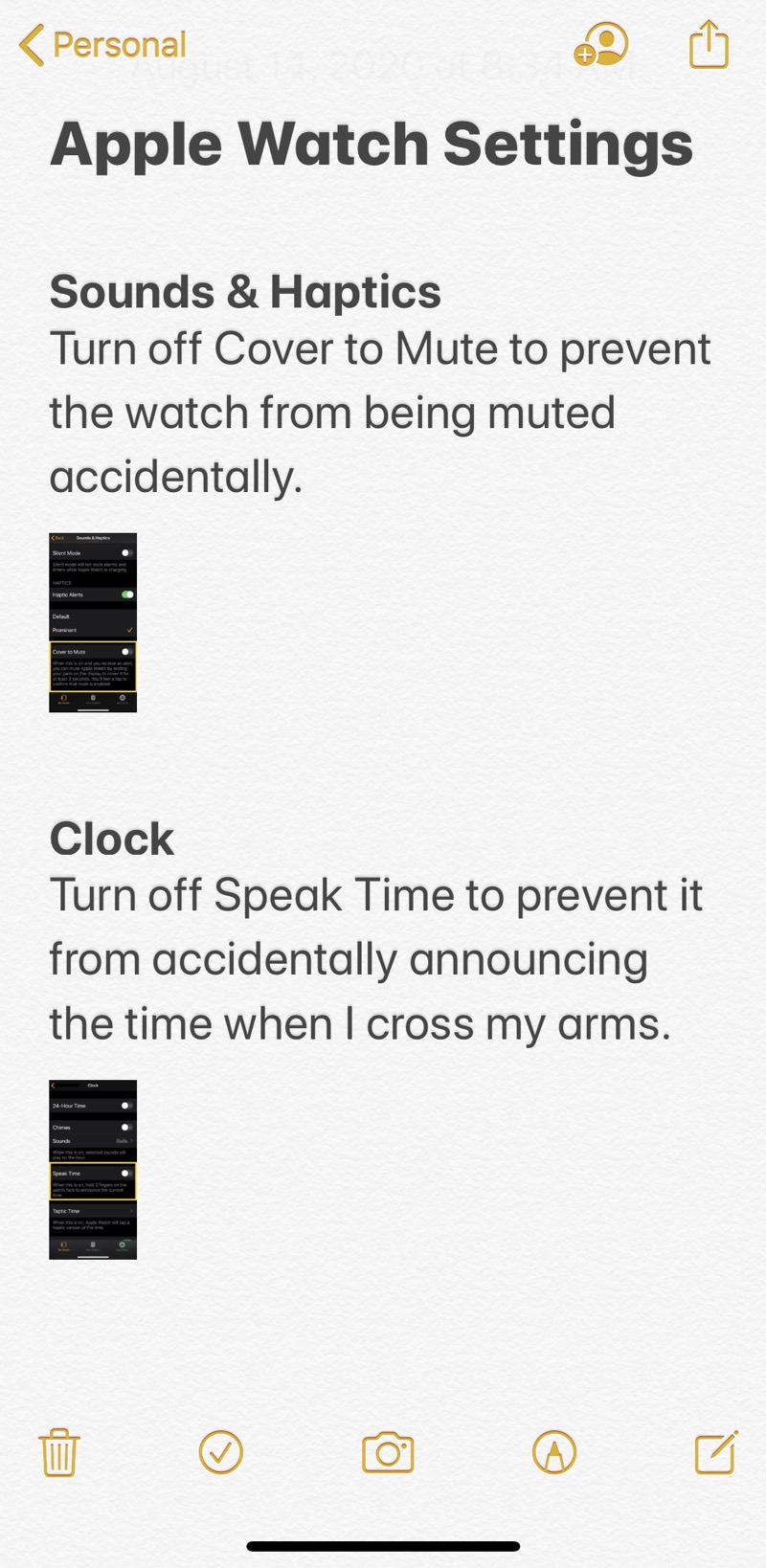 Apple Watch Settings note