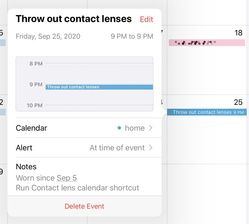Contact lens calendar event