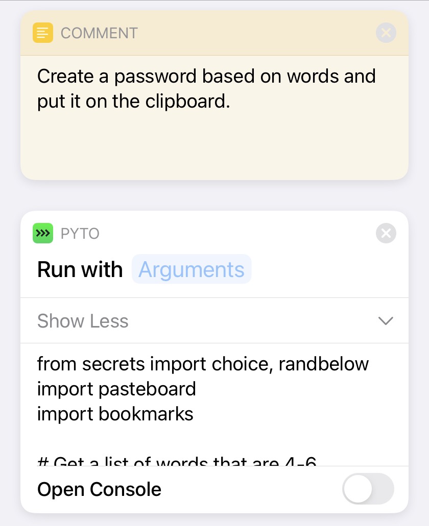 New New Password shortcut with Run Code action