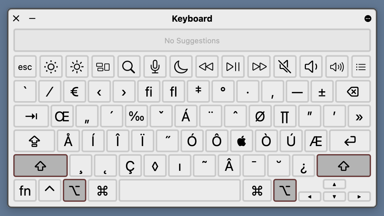 Keyboard viewer with option and shift keys pressed