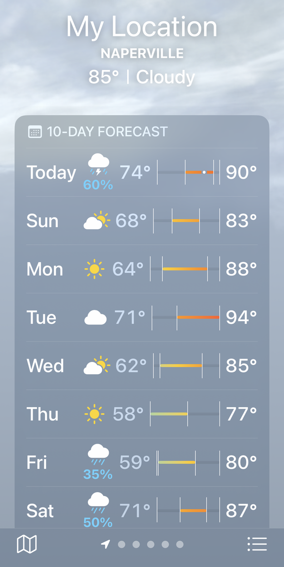 Apple Weather 10-day forecast with tip markers smaller