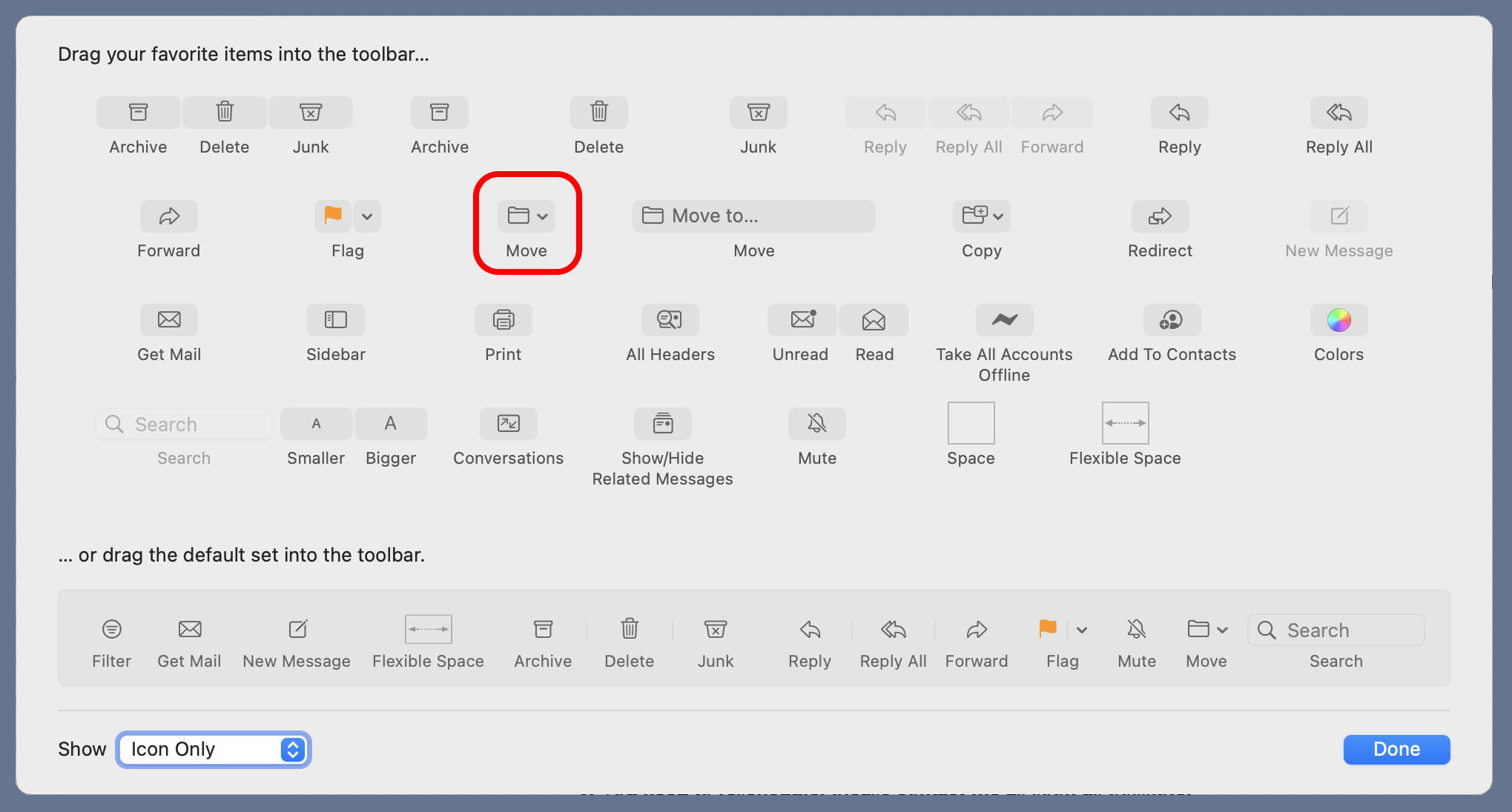 Tools you can add to Mail's toolbar. The Move tool is outlined in red.