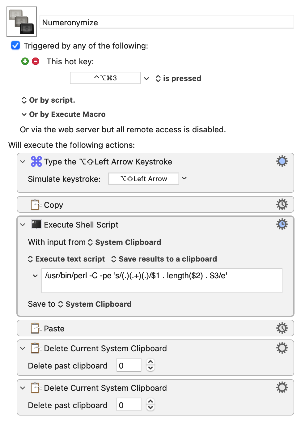 Screenshot of Keyboard Maestro Numeronymize macro