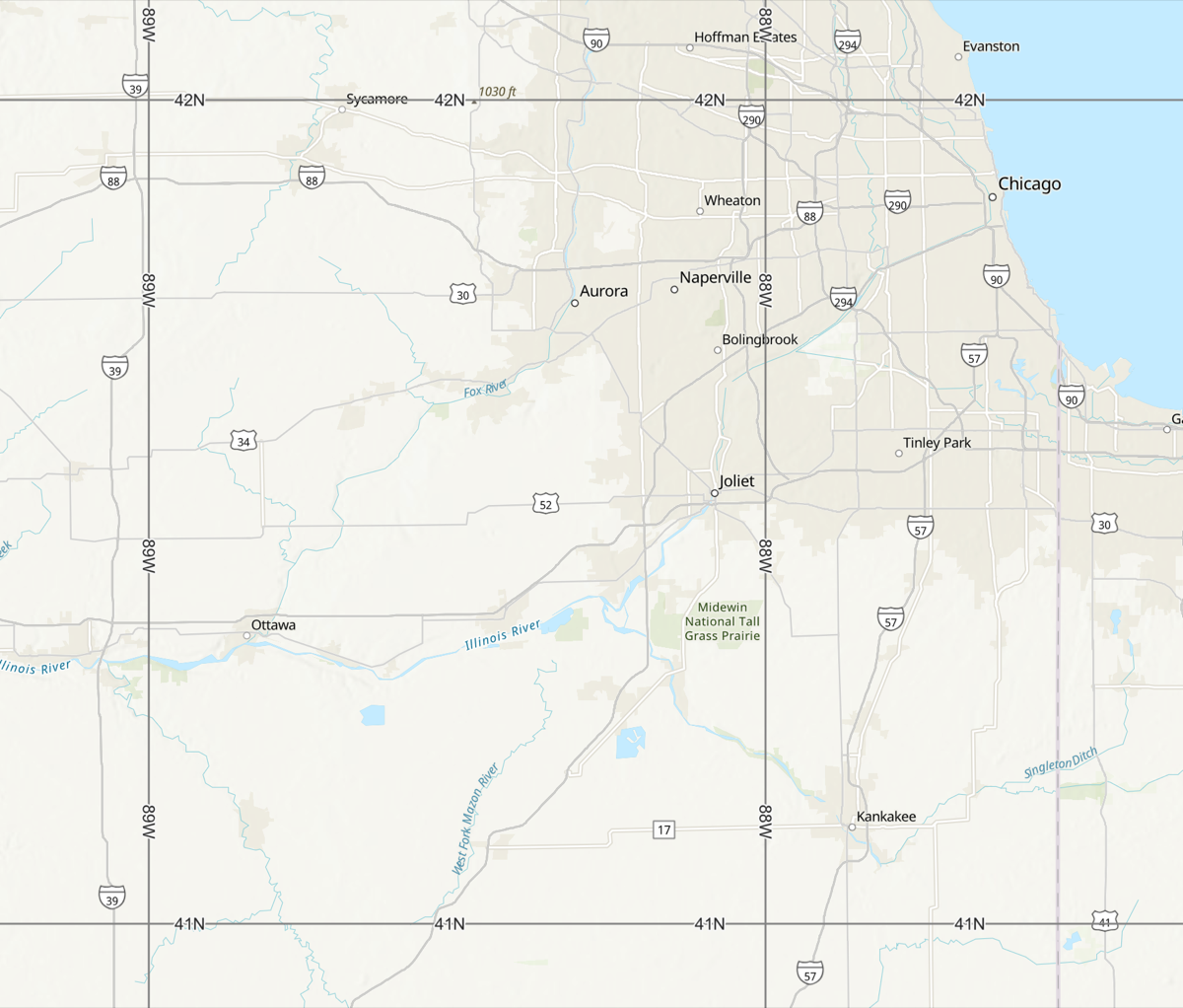 Map of northeast Illinois with one degree lines of latitude and longitude