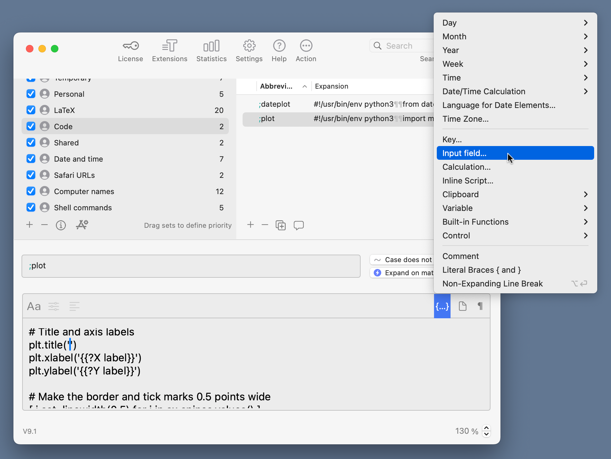 Typinator with special marker insertion menu