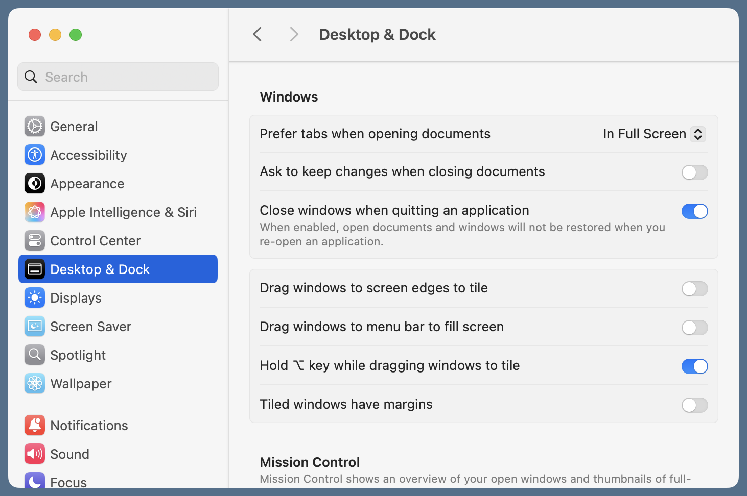 Settings to turn off tiling features