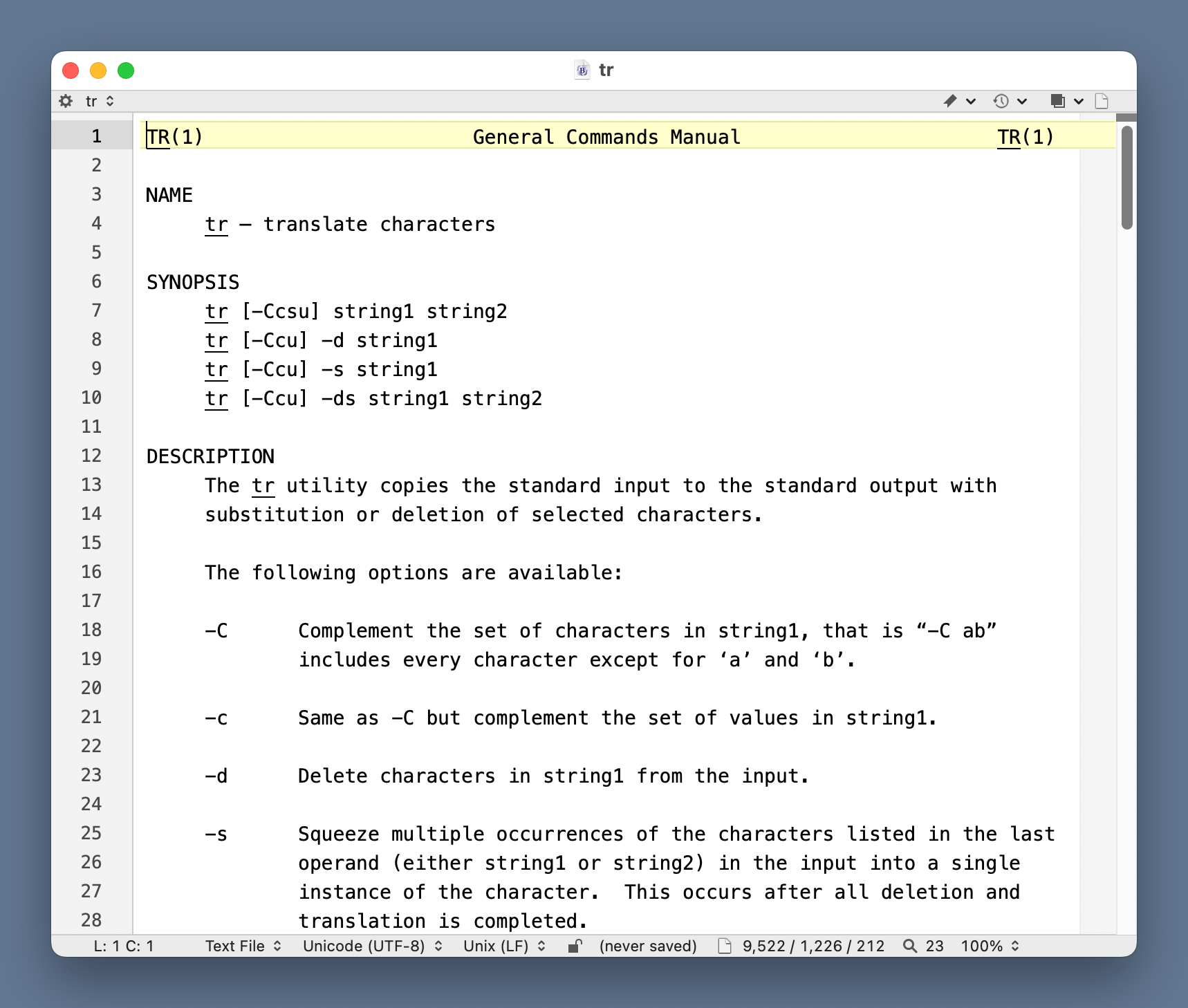 BBEdit window with man page of tr