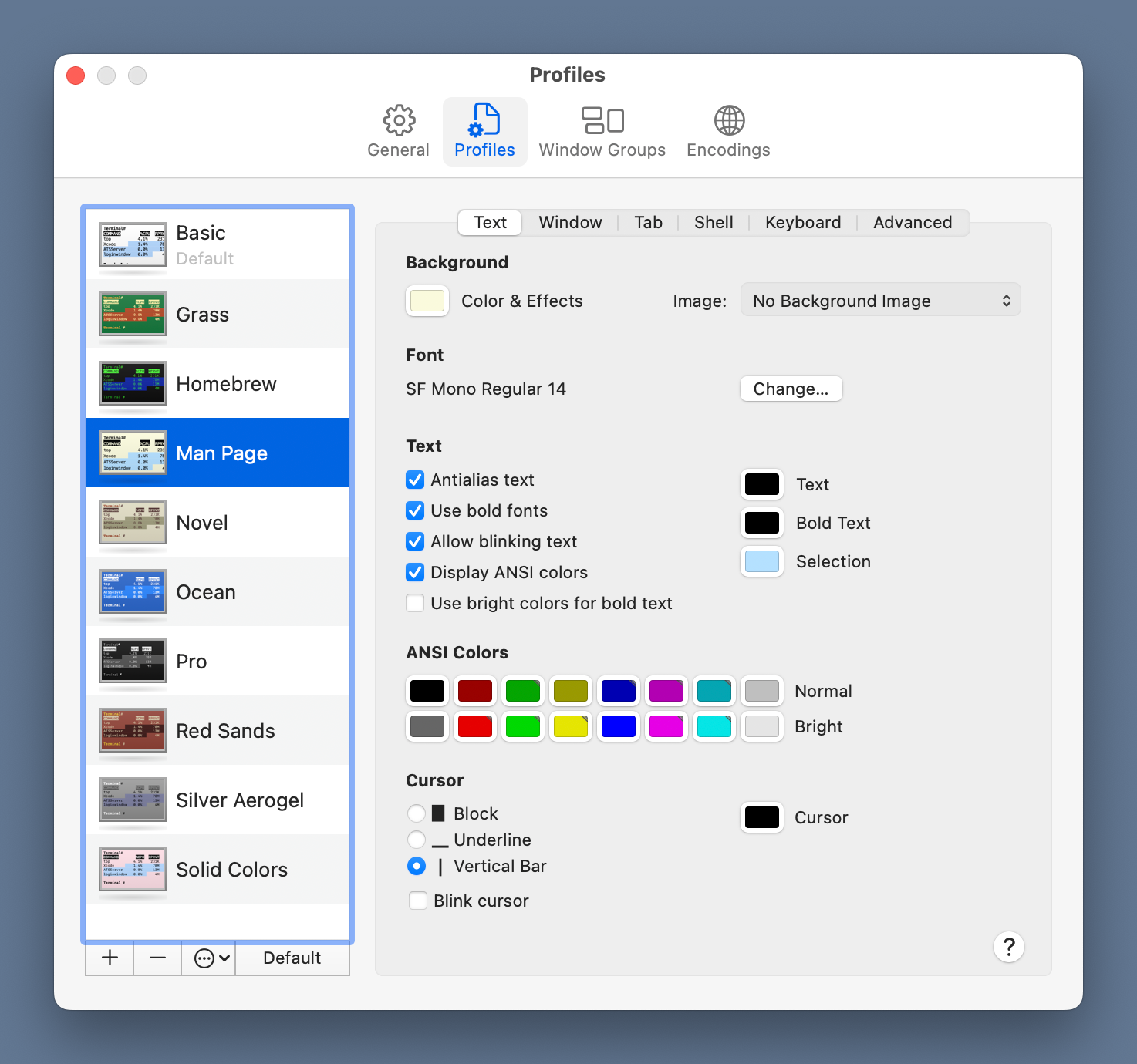 Terminal settings for man pages