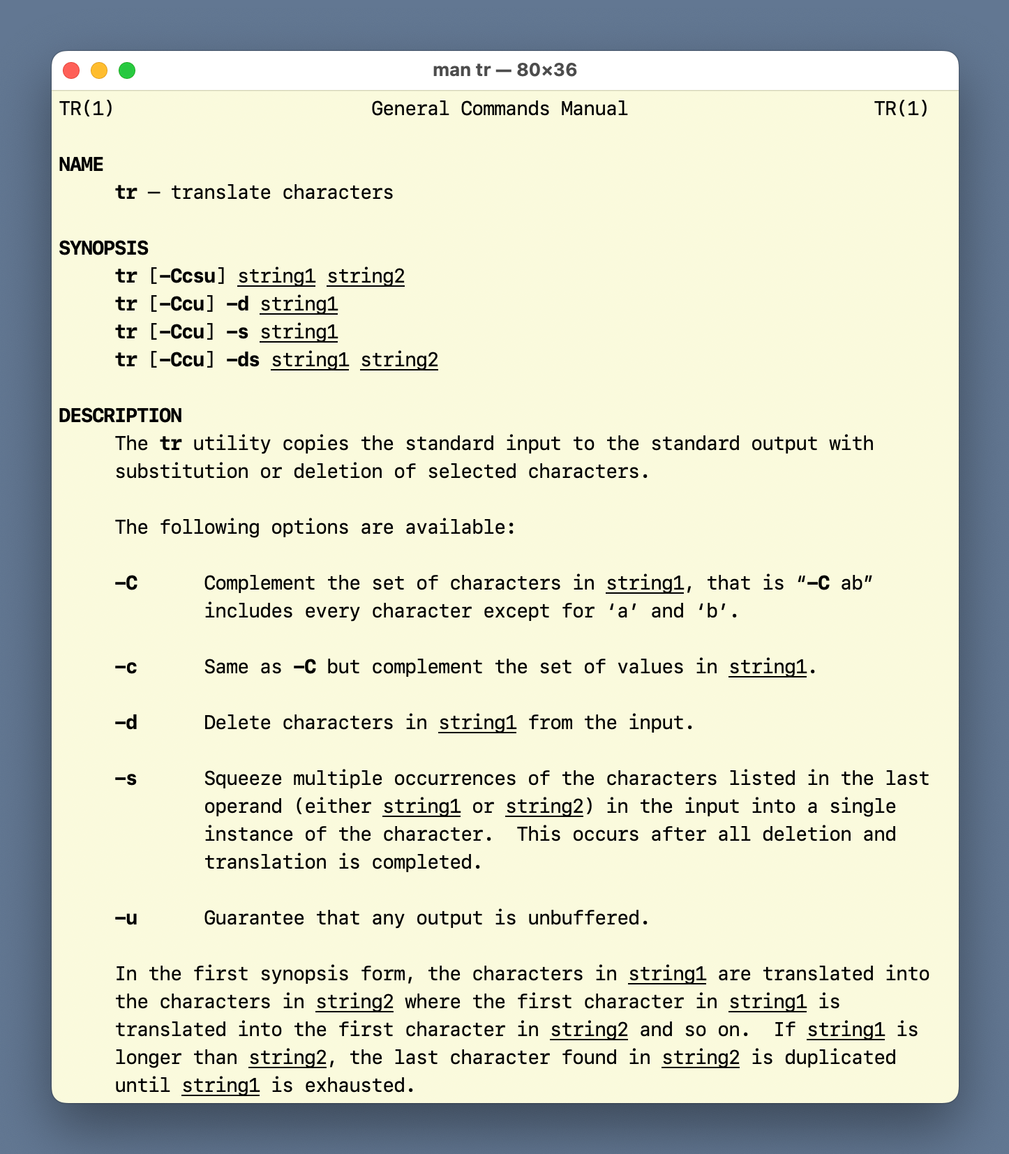 Terminal window with man page of tr