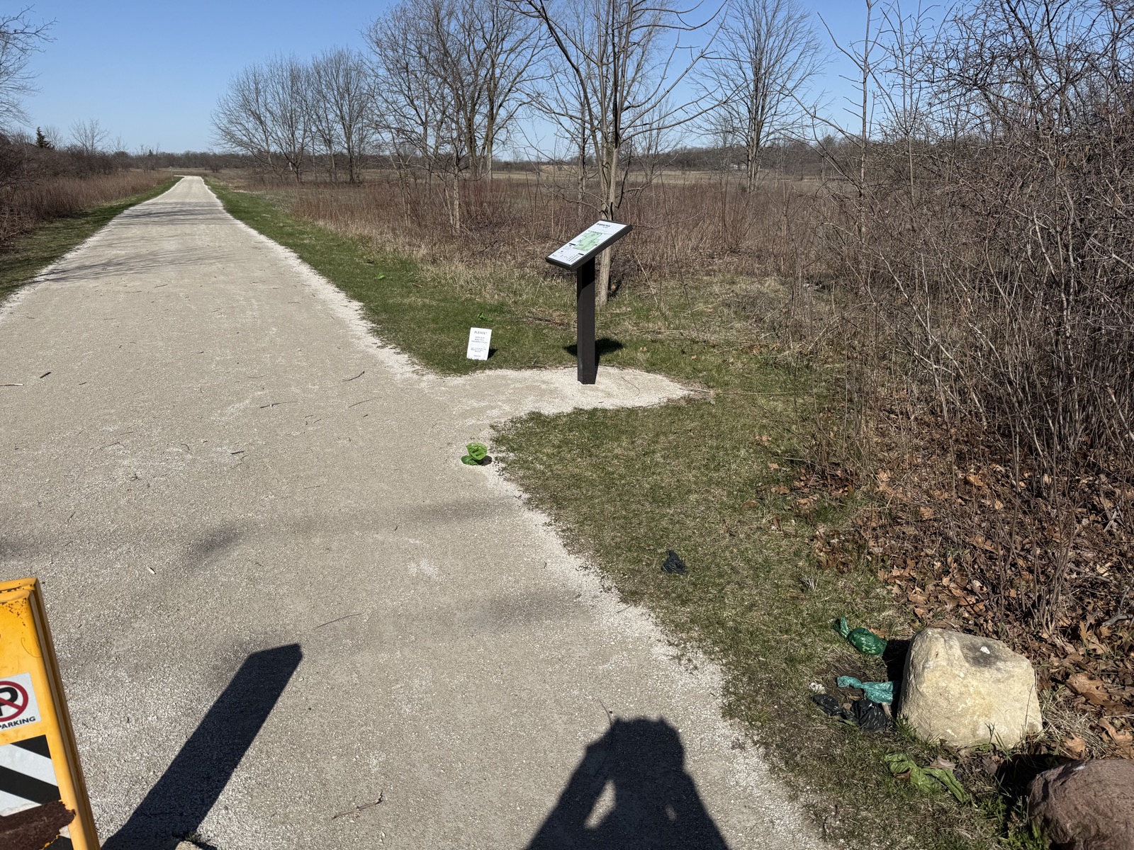 Springbrook Prairie entrance with bags of dogshit