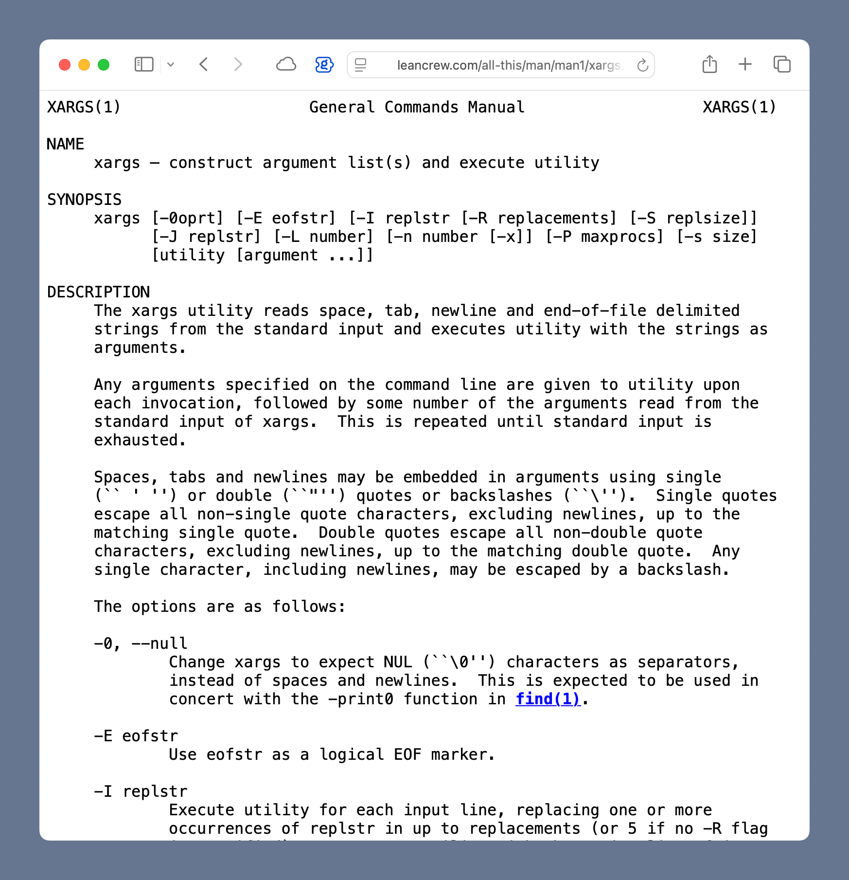 Screenshot of HTML man page for xargs
