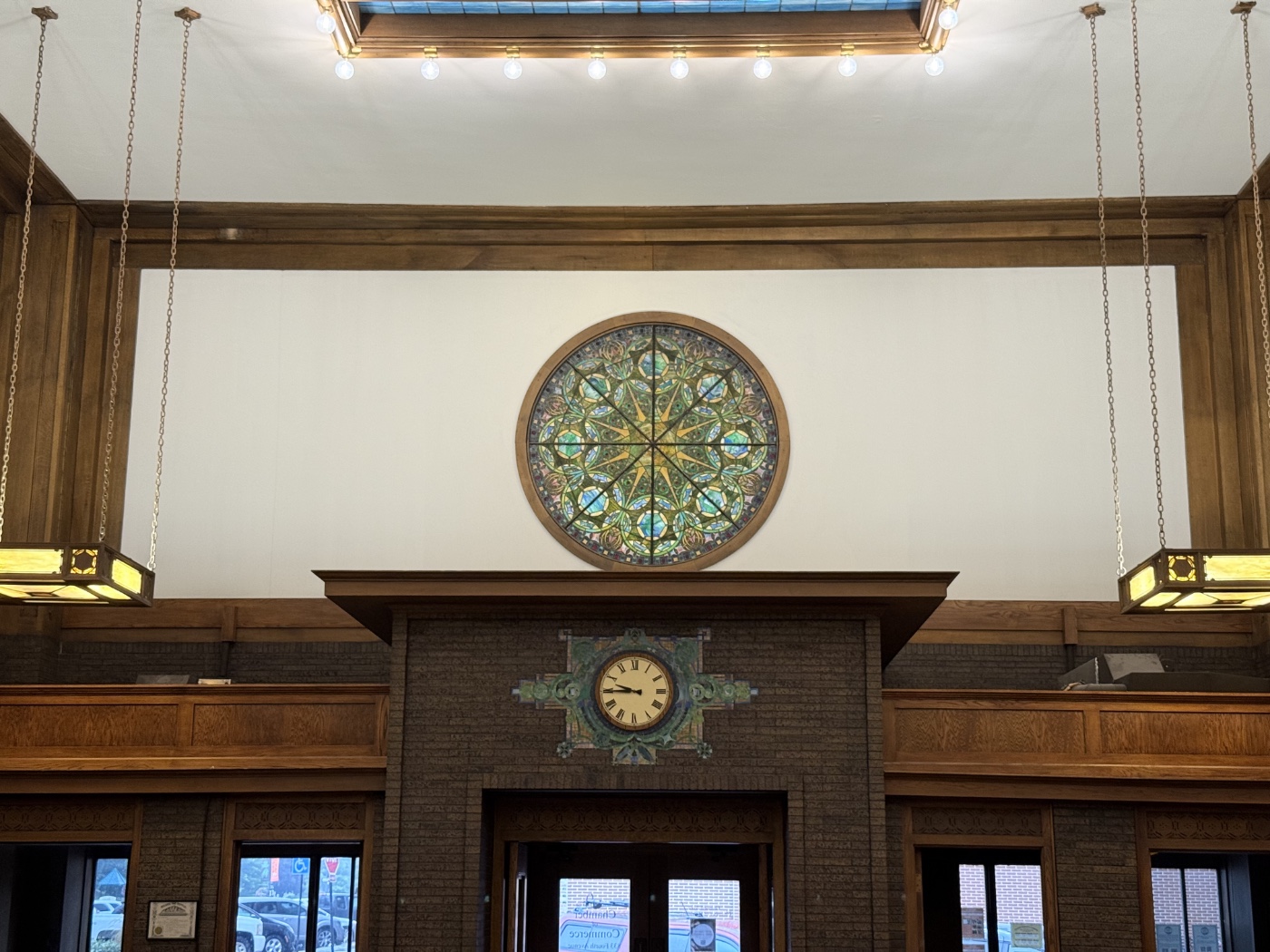 Front stained glass window and clock
