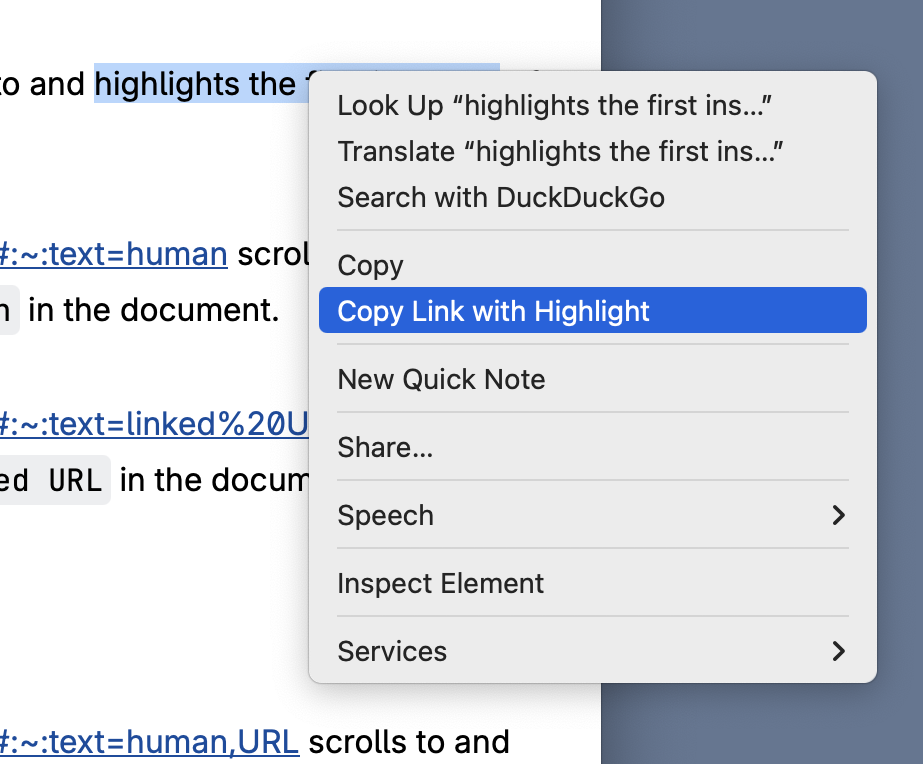 Context menu with text fragment link