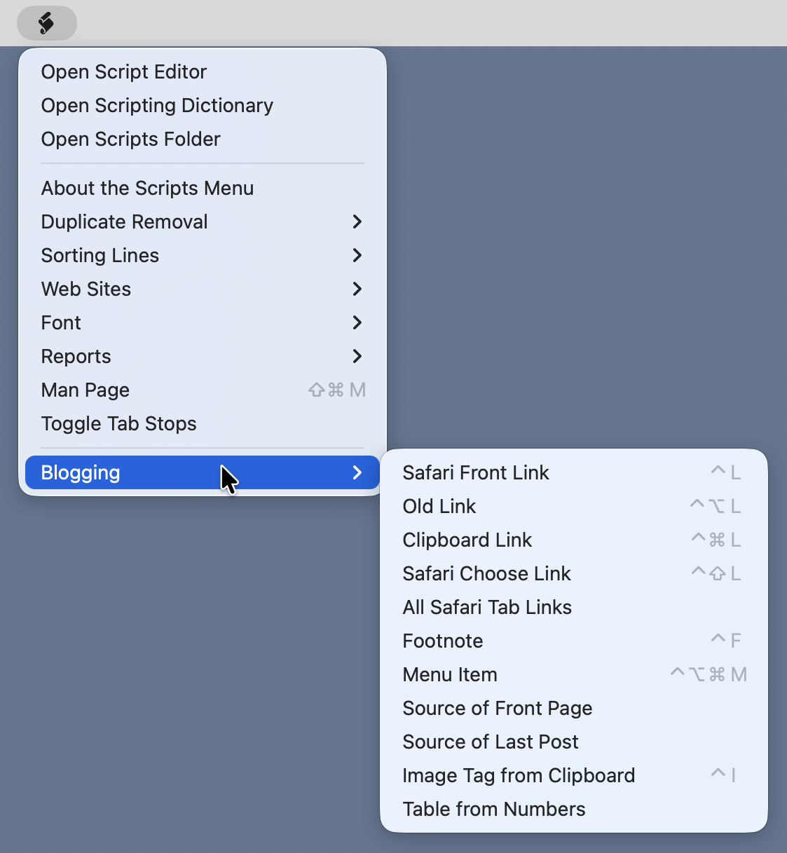 BBEdit Scripts menu and Blogging submenu