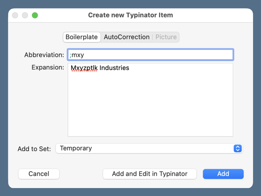 Reshot Typinator window