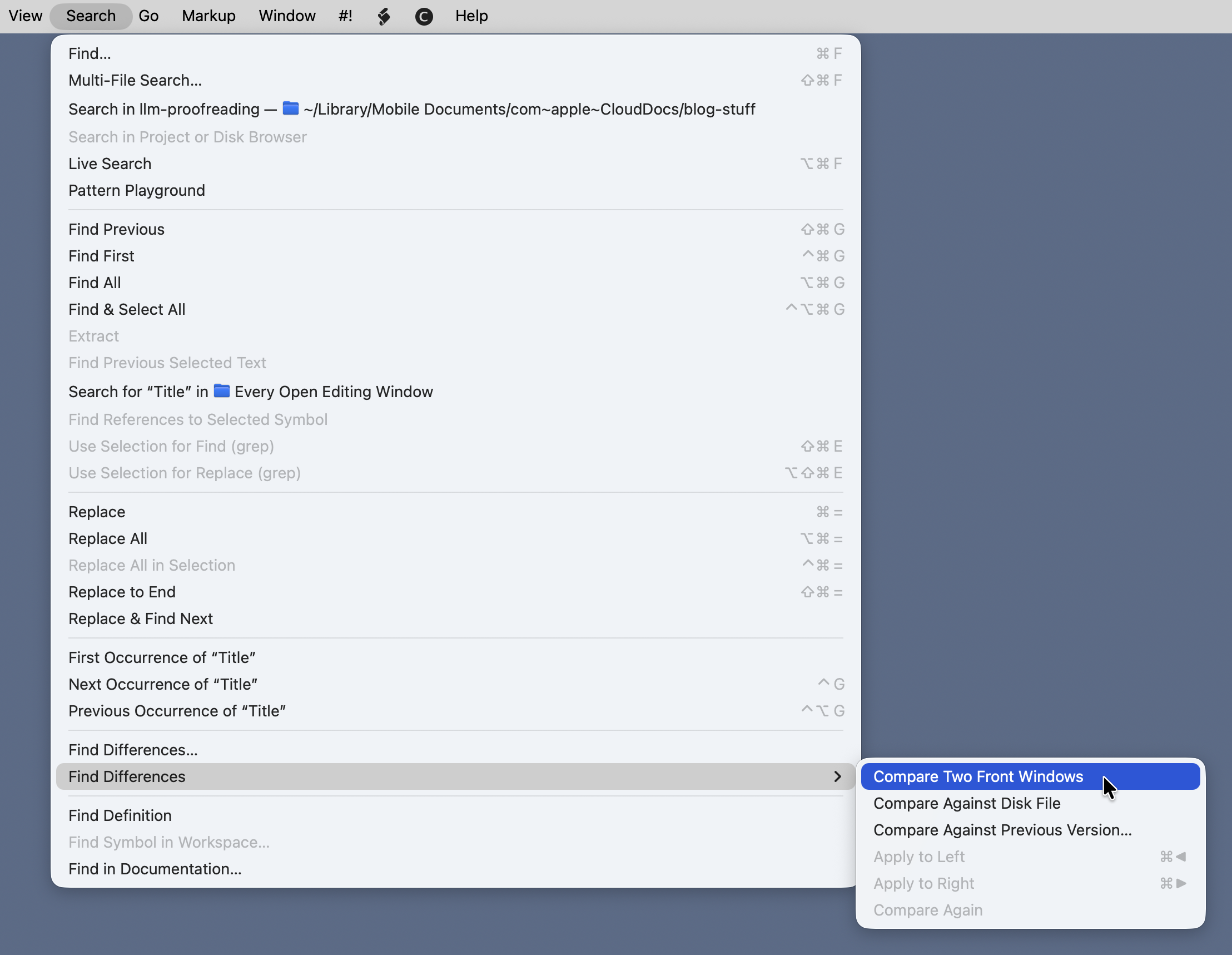 Find Differences submenu in BBEdit