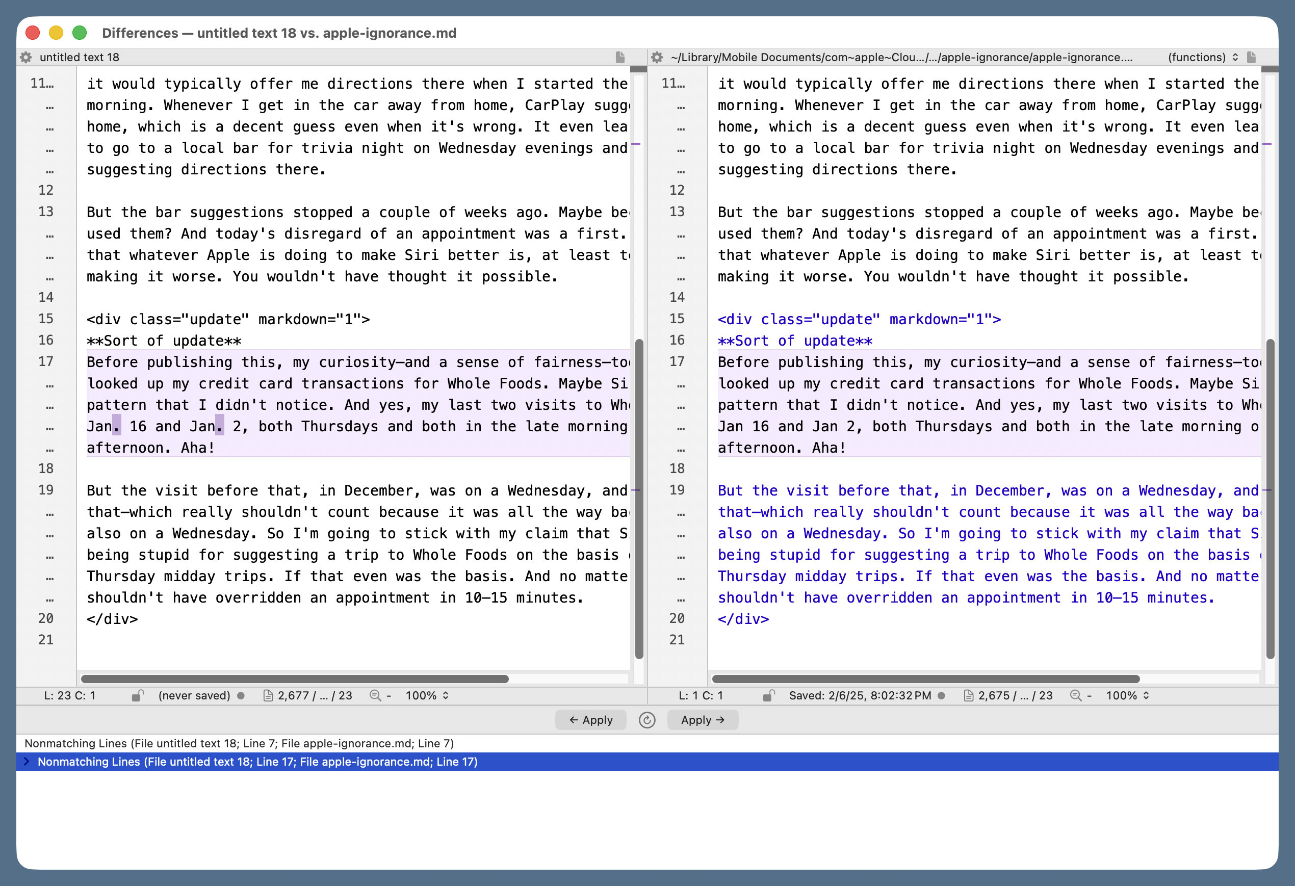 Two-pane comparison window in BBEdit