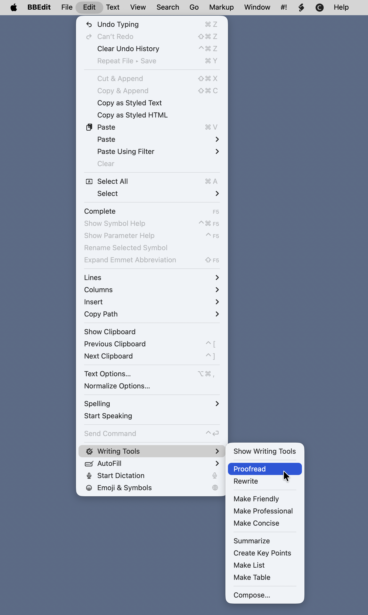 Writing Tools submenu in BBEdit