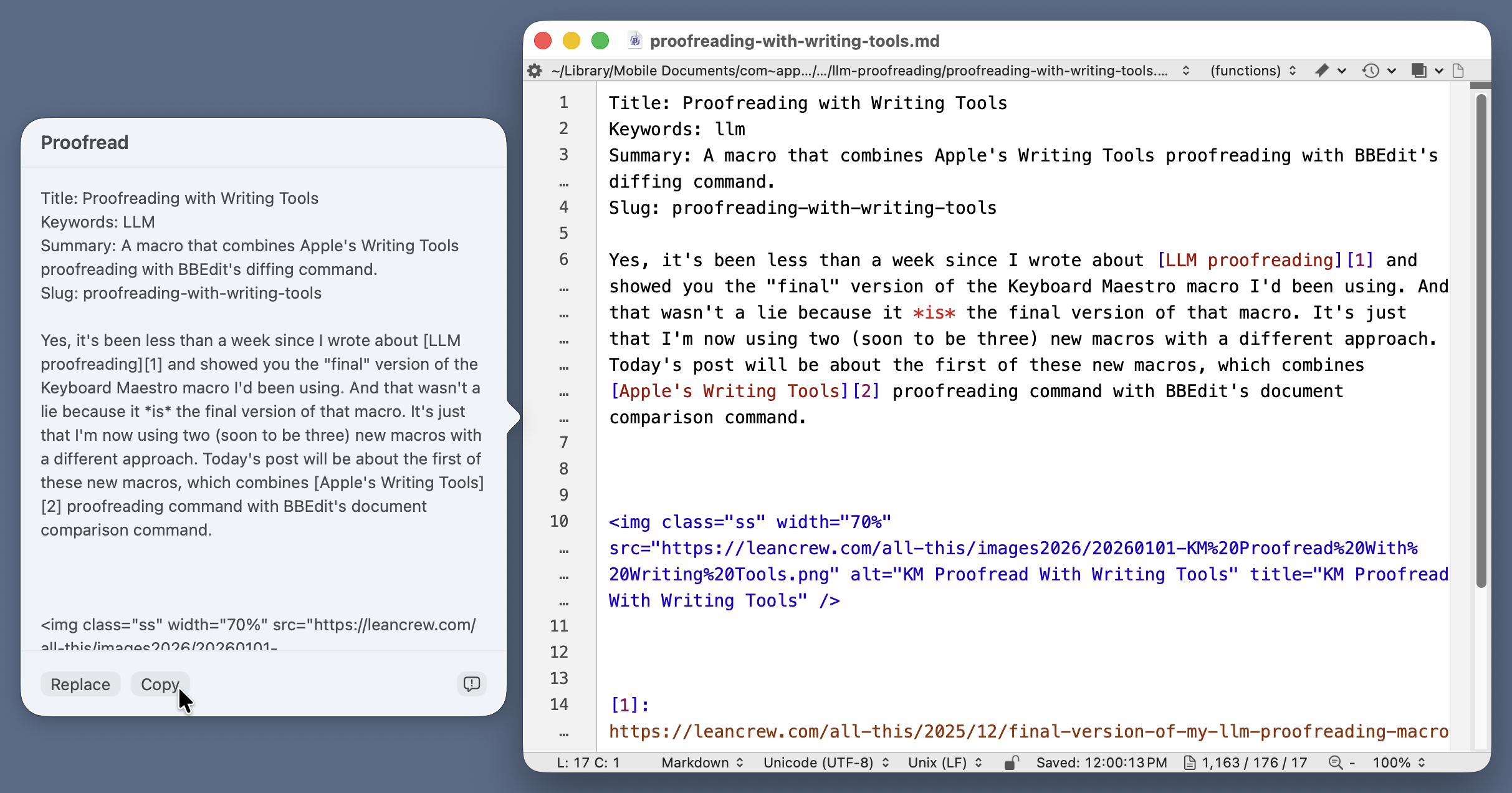 Writing Tools window with BBEdit