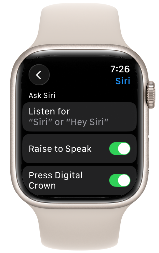 Raise to Speak setting for Siri on Apple Watch