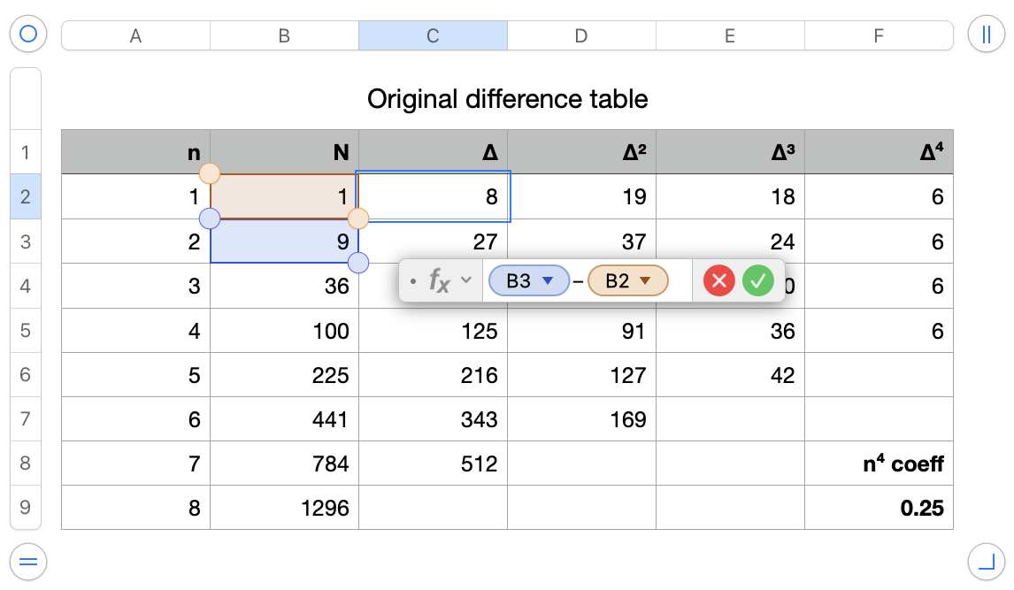 Difference table in Numbers Difference table in Numbers