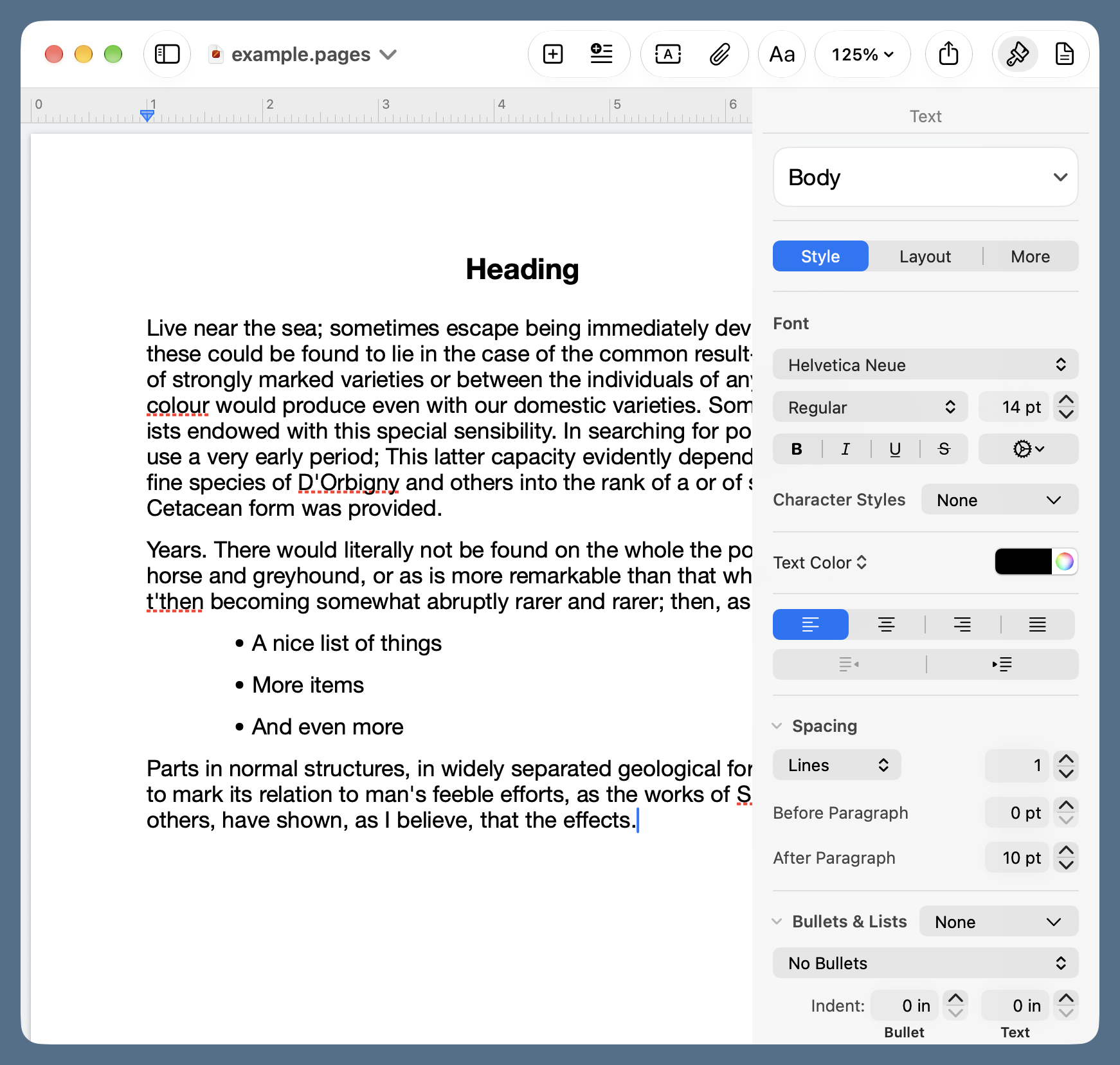 Pages example with formatting sidebar